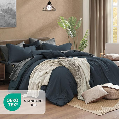 Monbix King Size Comforter Set, Navy Blue King Size Bed Set Reversible, King Comforter Set 7 Pieces, Cationic Dyeing Bed in a Bag with Comforter, Sheets, Pillowcases & Shams