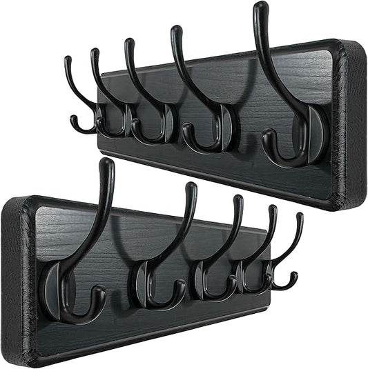 WEBI Wall Mounted Coat Rack, 16" Hole to Hole, Large Hanger Hook Rack, 5 Hooks for Hanging Coats, Hats, Jacket, Clothes, Entryway, Black, 2 Packs
