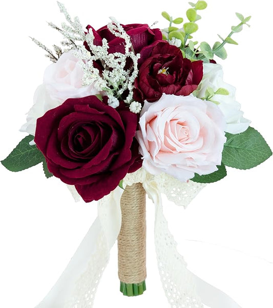 Wedding Bouquets for Bride Bridesmaid, Artificial Burgundy Blush Bride Flower Bouquet for Wedding Church Decoration Ceremony, Anniversary, etc, Roses Flowers