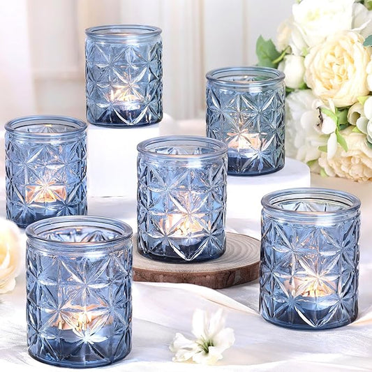 12 Pack Blue Votive Candle Holders, Vintage Blue Candle Holders, Tealight Candle Holder for Wedding Table Centerpieces, Bridal Shower, Home Decor, Birthday, Party Table Decor