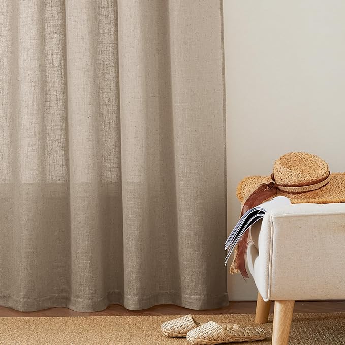 RYB HOME Linen Blended Curtains Semi Sheer - Wrinkle Resistant Light Filtering Lightweight Sun Protection Washable Rustic for Kitchen Laundry Room Cottage, W 100 x L 90 inches, Khaki, 1 Panel