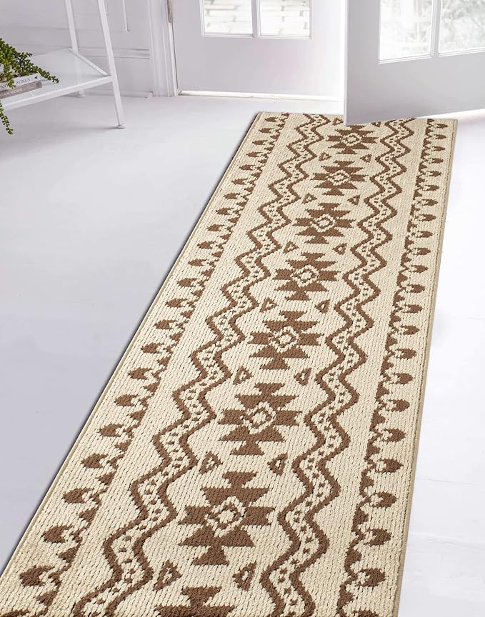 Custom Length Cut to Size Tribal Ethnic Southwestern Inspired Hallway Runner Rug, Non Slip Rubber Backed, 31 inch Wide X Customized Length, Aztec Beige, 31 inch X 24 feet