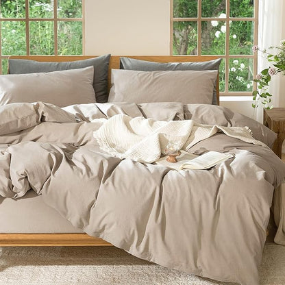 MooMee Bedding Duvet Cover Set 100% Washed Cotton Linen Like Textured Breathable Durable Soft Comfy (Heathered Taupe, Queen 90"x90")
