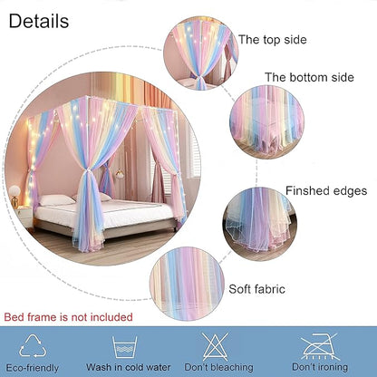 Akiky Canopy Bed Curtains with Lights 4 Corner Post Bed Canopy for Adults Girls, Rainbow Bed Drapes Netting-8 Panel Curtains,Twin