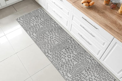 Custom Size Southwestern Style Runner Rug Mat for Wide Hallway Entryway Kitchen Laundry Room with Slip Resistant Latex Rubber Backing, Inca Grey, 31 inch X 8 feet
