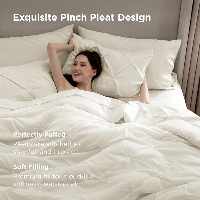 Bedsure King Size Comforter Set Ivory - Bed in a Bag Bedding Set 7 Pieces, GentleSoft™ Pintuck Bed Set Gift for Family, Pinch Pleat Ivory Comforter with Sheets, Pillowcases & Shams