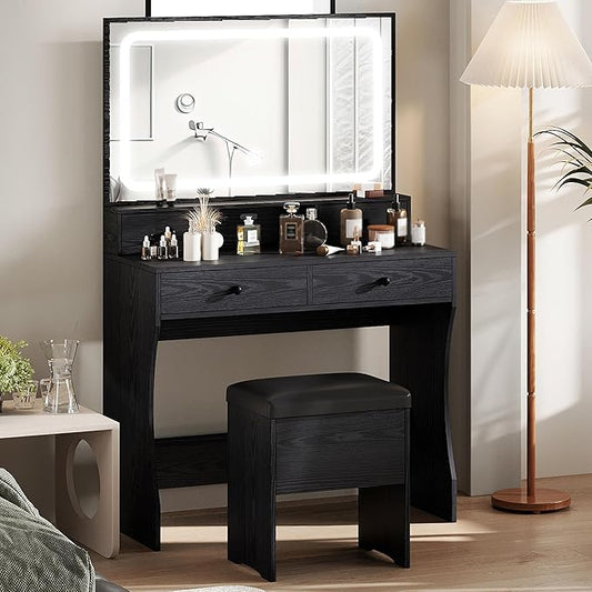 IRONCK Vanity Desk Set with LED Lighted Mirror & Power Outlet, Makeup Vanity Table with 4 Drawers,Storage Bench,for Bedroom, Bathroom, Black