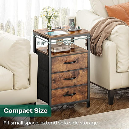 Huuger Nightstands Set of 2, 27.6 Inch End Tables with Charging Station, Fabric Drawers, Bedside Tables with USB Port and Outlet, Night Stands for Bedroom, Rustic Brown