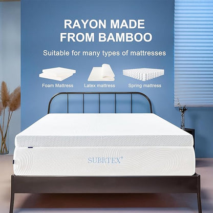 Subrtex 2 Inch Mattress Topper Cover (Only Cover) Mattress Topper Protector Bedding Rayon Made from Bamboo Removable Mattress Encasement with Zippers, CK