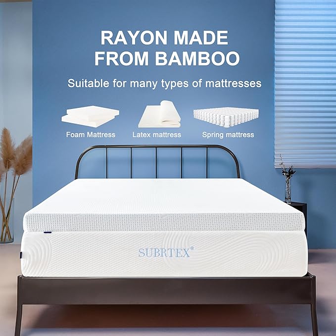 Subrtex 3 Inch Mattress Topper Cover (Only Cover) Mattress Topper Protector Bedding Rayon Made from Bamboo Removable Mattress Encasement with Zippers, Twin