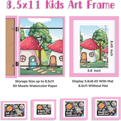 KINLINK 8.5x11 Kids Art Frames Set of 2, Solid Wood Kids Artwork Frames Changeable with Acrylic Front Opening Holds 150 Pictures, Art Frame for Kids Artwork with Mat or without Mat, Pink