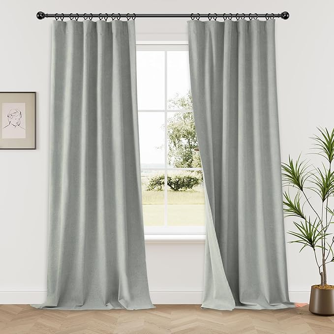 KangBang Extra Wide Blackout Linen Curtains, Sliding Door Curtains 84Wx108L, Back Tab Pocket Pleated Room Darkening Modern Drapes for Cottage High Ceiling(7FTx9FT, Fog Grey,2 Panels)