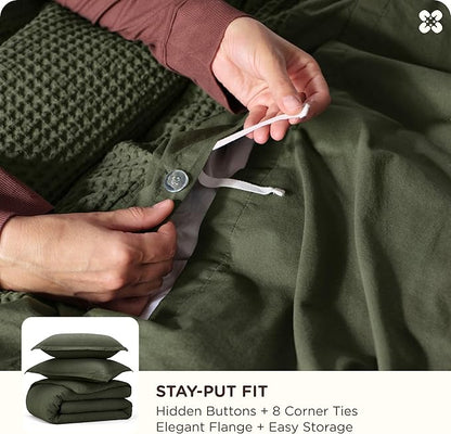 Bedsure Cotton Duvet Cover Set - 100% Cotton Waffle Weave Olive Green Duvet Cover Oversized Queen Size, GentleSoft™ and Breathable Bedding Set for All Season, 3 Pieces, 98"x98"