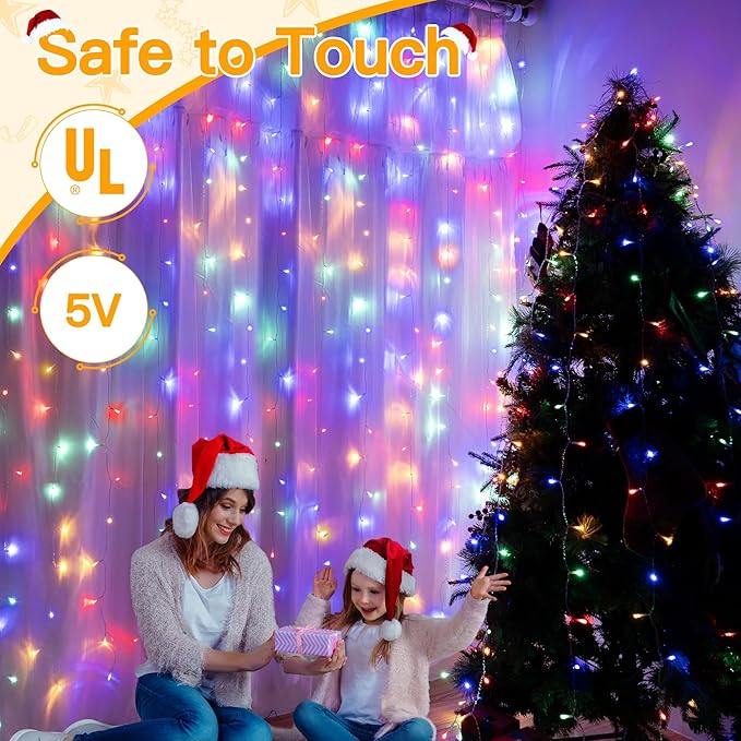 Ollny Curtain Lights 200LED 6.6x6.6ft, USB Multicolor Christmas Curtain Lights with Remote 8 Modes Timer, Waterproof String Lights for Bedroom Backdrop Window Indoor Outdoor