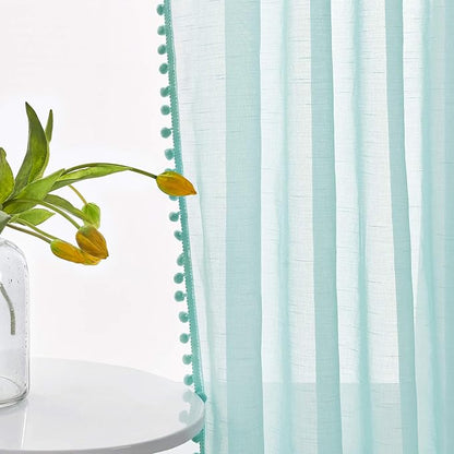 Treatmentex Pompom Sheer Curtains for Kids-Room 72" Aqua-Blue Slub Textured Window Sheer Panels for Bedroom Living Room 52" Wide, 2 Panels Rod Pocket