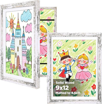 KINLINK 9x12 Kids Art Frames Set of 2, Solid Wood Kids Artwork Frames Changeable with Acrylic Front Opening Holds 150 Pictures, Art Frame for Kids Artwork with Mat or without Mat, Rustic White
