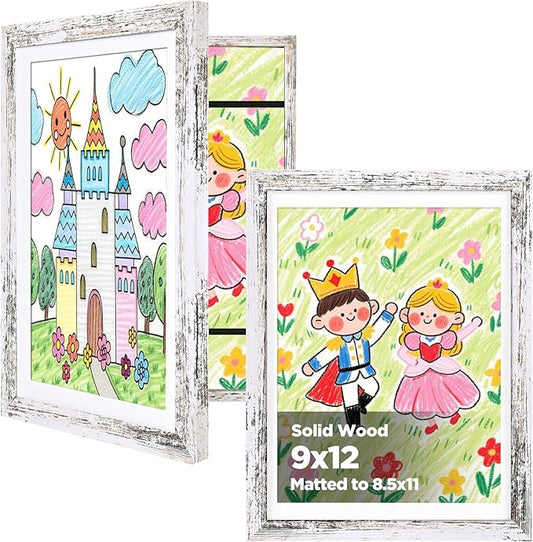 KINLINK 9x12 Kids Art Frames Set of 2, Solid Wood Kids Artwork Frames Changeable with Acrylic Front Opening Holds 150 Pictures, Art Frame for Kids Artwork with Mat or without Mat, Rustic White