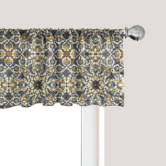 Ambesonne Turkish Pattern Window Valance, Flowers in and Traditional Style, Curtain Valance for Kitchen Bedroom Decor with Rod Pocket, 42" x 12", Earth Yellow Slate Blue