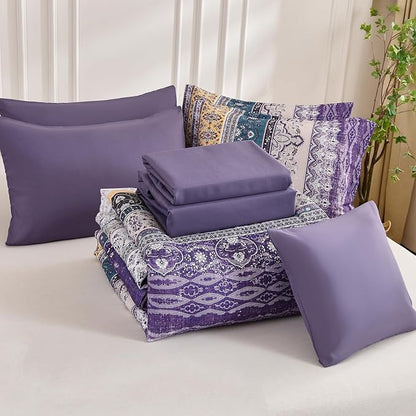Cottolester Boho Queen Comforter Set 8 Pieces, Violet Bohemian Striped Bed in a Bag, Paisley Soft Microfiber Bedding Comforter Set