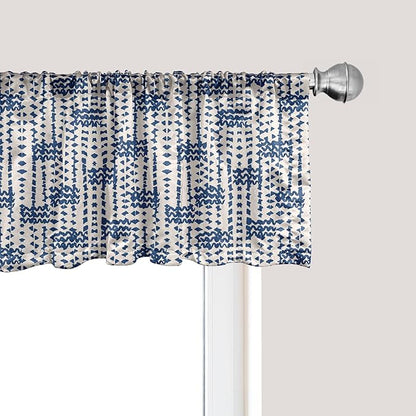 Ambesonne Ethnic Window Valance Pack of 2, Messy Waves and Small Triangles Indonesian Traditional Pattern Watercolors, Rod Pocket Curtain Valances for Kitchen Bedroom, 54" X 12", Navy Blue and Cream