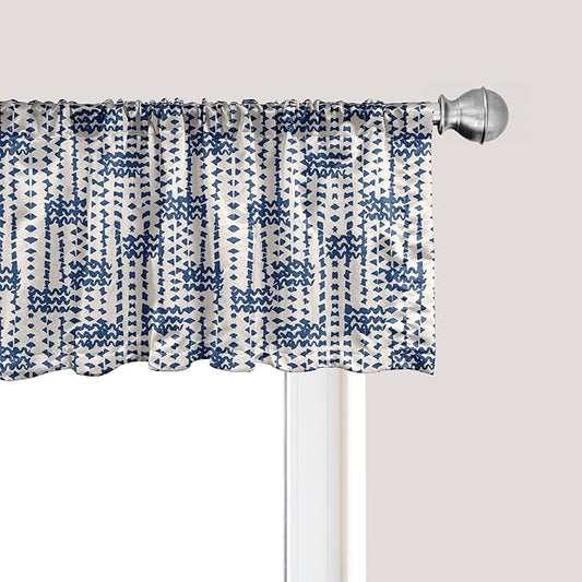Ambesonne Ethnic Window Valance Pack of 2, Messy Waves and Small Triangles Indonesian Traditional Pattern Watercolors, Rod Pocket Curtain Valances for Kitchen Bedroom, 54" X 12", Navy Blue and Cream