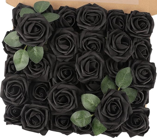 MACTING Artificial Black Rose Flowers 30PCS Real Touch Fake Flowers with Stem Foam Roses for DIY Wedding Bouquet Gifts Table Centerpieces Party Bridal Shower Home Gothic Halloween Decor