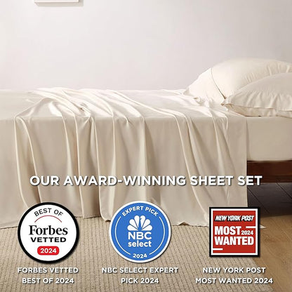 Bedsure California King Sheet Sets, Cooling Sheets, Rayon Derived from Bamboo, Breathable & Soft, Deep Pocket Up to 16 Inches, Hotel Luxury Silky Bedding for Hot Sleepers, Light Beige