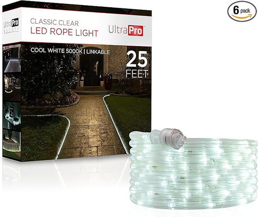 UltraPro LED Rope Lights, 25ft Classic Clear Rope, Cool White Light 5000K, Indoor/Outdoor, Flexible, Linkable, Durable, Outdoor, 54843 (Pack of 6)