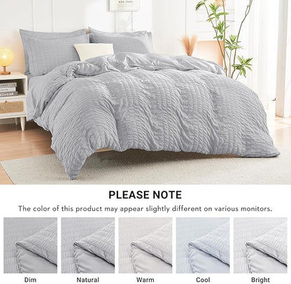HYMOKEGE Light Grey Queen Comforter Set Seersucker 7 Pieces, All Season Luxury Bed in a Bag for Bedroom, Bedding Set with Comforters, Sheets, Pillowcases & Shams