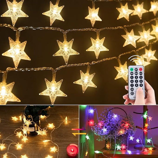 Minetom Star String Lights Plug in - 33 ft 100 LED Star Fairy String Lights with Remote and Timer, Waterproof for Bedroom Tent Loft Bed Shelf Porch Patio Garden Party Décor, Warm White + Multicolor