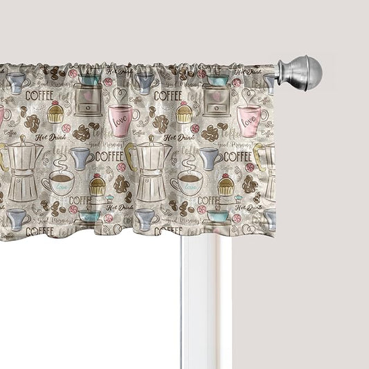 Ambesonne Modern Window Valance Pack of 2, Coffee Time Vintage Espresso Machine Cupcakes Beans Design, Rod Pocket Curtain Valances for Kitchen Bedroom, 42" X 12", Pale Pink Beige