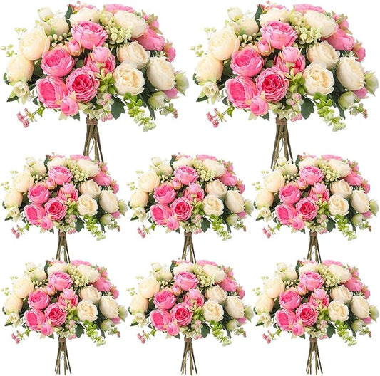 Geosar 8 Bundles Artificial Peonies Flowers Fake Silk Peony Bouquet Faux Peonies Flowers Bulk for Decoration Vase Floral Arrangements Wedding Party Table (Pink,Champagne)