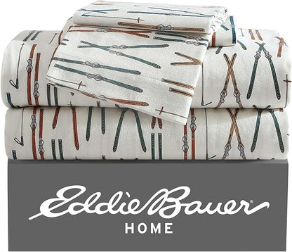 Eddie Bauer - King Sheets, Cotton Flannel Bedding Set, Brushed For Extra Softness, Cozy Home Decor (Ski Line White, King)