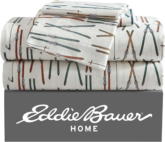 Eddie Bauer - Queen Sheets, Cotton Flannel Bedding Set, Brushed For Extra Softness, Cozy Home Decor (Ski Line White, Queen)