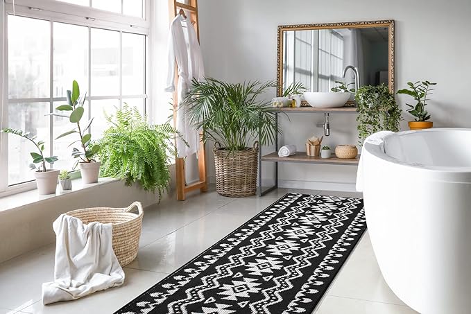 Custom Length Cut to Size Tribal Ethnic Southwestern Inspired Hallway Runner Rug, Non Slip Rubber Backed, 31 inch Wide X Customized Length, Aztec Black, 31 inch X 8 feet
