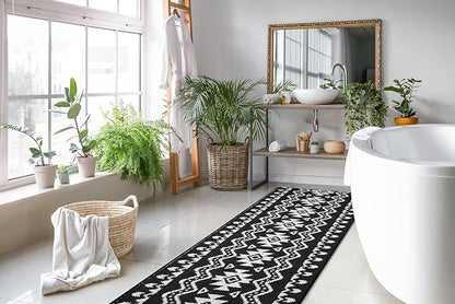 Custom Length Cut to Size Tribal Ethnic Southwestern Inspired Hallway Runner Rug, Non Slip Rubber Backed, 31 inch Wide X Customized Length, Aztec Black, 31 inch X 35 feet