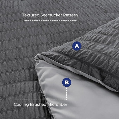 HYMOKEGE Dark Grey/Light Grey California King Comforter Set Seersucker 7 Pieces, All Season Luxury Bed in a Bag for Bedroom, Bedding Set with Comforter, Sheets, Pillowcases & Shams