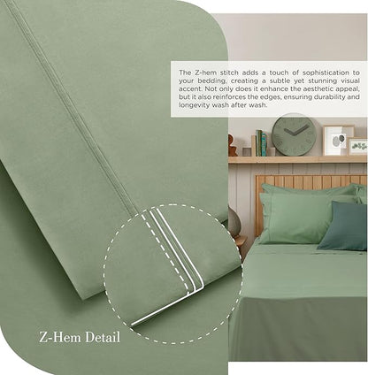 Linen Home 100% Cotton Percale Sheets Queen Size, Oil Green, Deep Pocket, 4 Pieces Set - 1 Flat, 1 Deep Pocket Fitted Sheet and 2 Pillowcases, Crisp Cool and Strong Bed Linen