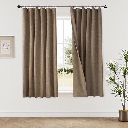 KangBang 63 Inch Blackout Curtains 2 Panel Sets, Double Sided Linen Thermal Drapes for Bedroom Kitchen, Back Tab Farmhouse Noise Reducing Small Window Curtains 2 PCs, Desert Biscuit, 52x63 Inch
