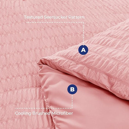 HYMOKEGE Rose Pink King Size Comforter Set Seersucker 7 Pieces, All Season Luxury Bed in a Bag for Bedroom, Bedding Set with Comforter, Sheets, Pillowcases & Shams