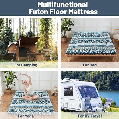 Japanese Floor Mattress, Futon Mattress with Portable Storage Bag and Washable Cover, Roll Up Thick Tatami Mat Suitable for Camping, Guest Room (Blue Striped Jacquard, Twin)