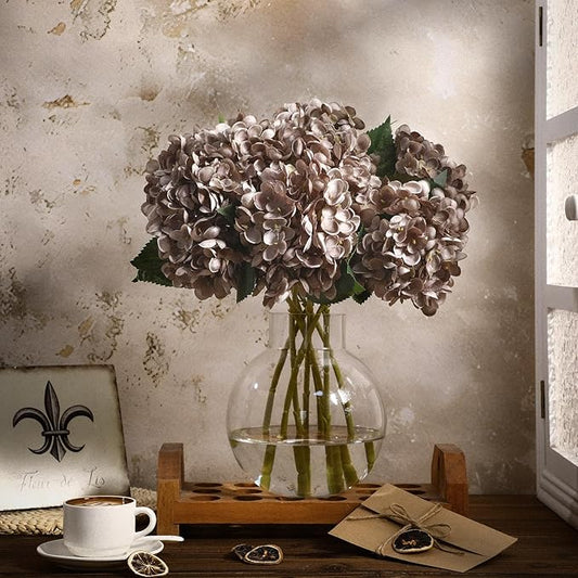 8 Pcs 18 Inch Hydrangea Artificial Flowers Faux Hydrangea Flowers with Stems Fake Bouquet Bulk Realistic Floral for Fall Home Table Christmas Indoor Outdoor Decoration(Coffee Brown)