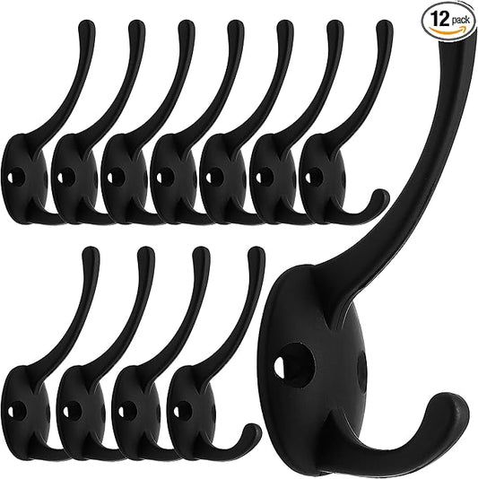 IBosins 12 Pack Black Coat Hooks Wall Mounted with 24 Screws Retro Double Hooks Utility Black Hooks for Coat, Scarf, Bag, Towel, Key, Cap, Cup, Hat