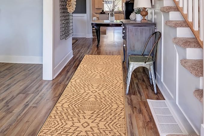 Custom Length Cut to Size Tribal Ethnic Southwestern Inspired Hallway Runner Rug, Non Slip Rubber Backed, 31 inch Wide X Customized Length, Inca Tan, 31 inch X 15 feet