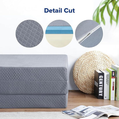 Olee Sleep Tri-Folding Memory Foam Mattress Topper, 4 Inch Gel Folding Mattress for Camping, Foldable Guest Bed, Washable Cover, CertiPUR-US Certified, Soft, Grey, Single Size