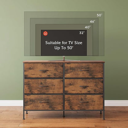WLIVE Dresser for Bedroom with 6 Drawers, Wide Fabric Dresser TV Stand for 50 Inches TV, with Metal Frame, Wooden Top, Fabric Storage Dressers for Bedroom, Hallway, Entryway, Rustic Brown