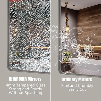 36x36 Silver Square Bathroom Mirror for Wall, Brushed Metal Framed Bathroom Vanity Mirror, Rounded Rectangle Silver Mirror, Shatterproof, Anti-Rust (Horizontal/Vertical)