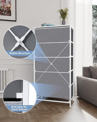 Crestlive Products Vertical Dresser Storage Tower - Sturdy Steel Frame, Wood Top, Easy Pull Fabric Bins - Wide Organizer Unit for Bedroom, Hallway, Entryway, Closets - 5 Drawers(Light Gray)