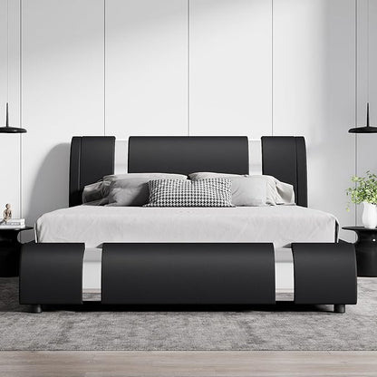 SHA CERLIN Modern Faux Leather Queen Bed Frame with Adjustable Headboard and Iron Accents, Deluxe Upholstered Platform Bed with Solid Wooden Slats Support/No Box Spring Needed, Black