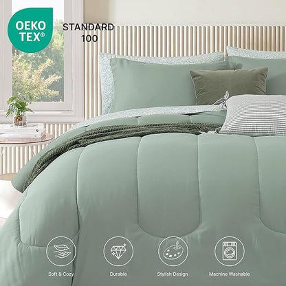 Monbix King Size Comforter Set - 7 Pieces Bed in a Bag King, Sage Green Track Stitching Bedding Sets, All Seasons Down Alternative Bed Set with Sheets, Pillowcases & Shams